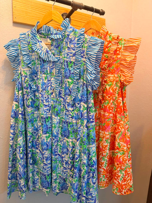 Entro Botanical Print Flutter Stripe Ruffle Dress