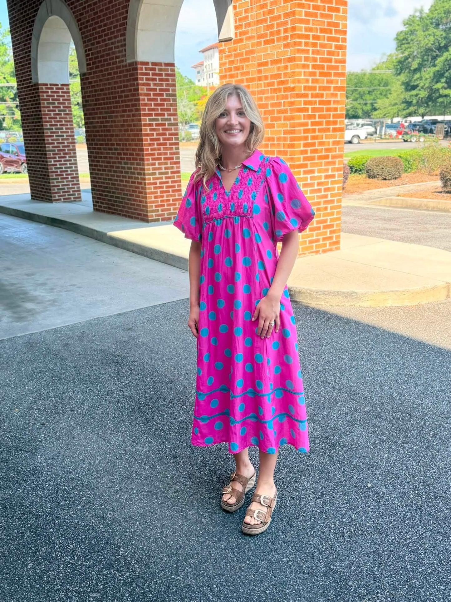 Jodifl Polka Dot Smock Midi - Pink/Teal