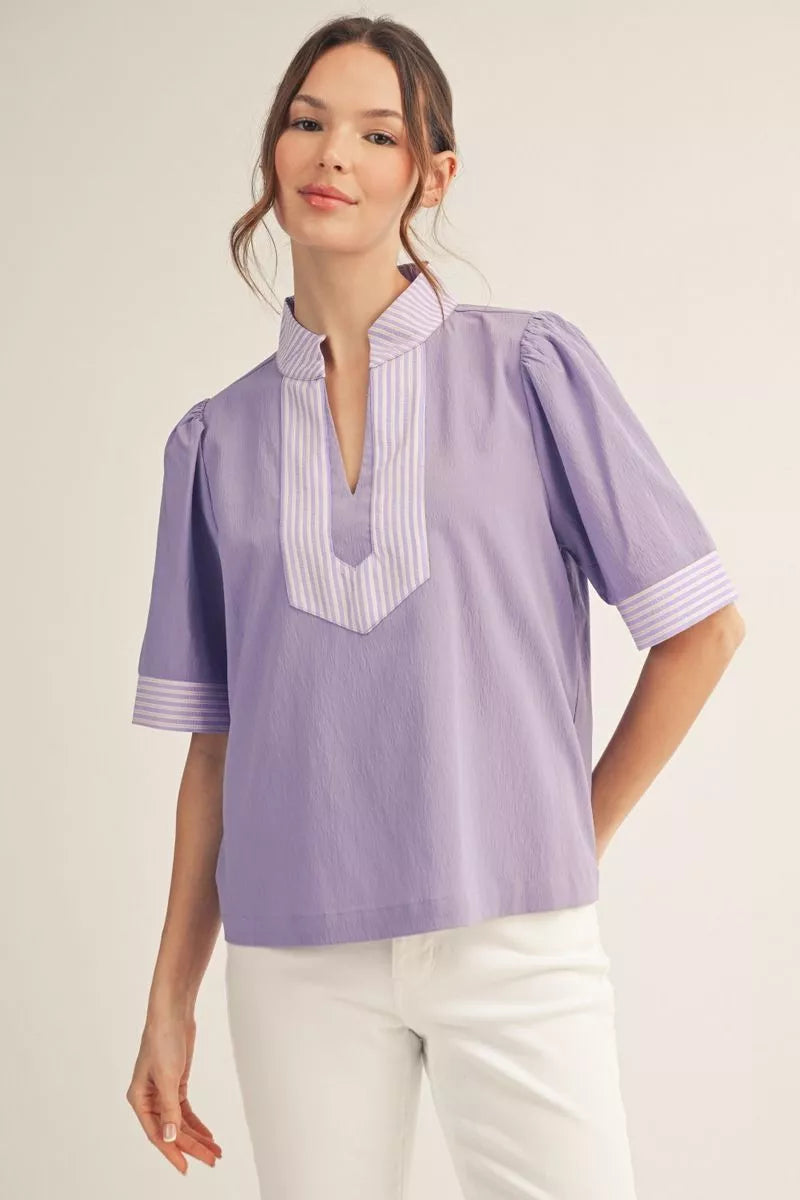 Jodfil Solid Crinkle Top with Stripe Neckline