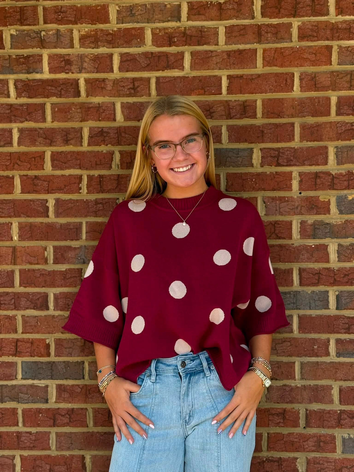 Glam Round Neck Short Sleeve Polka Dot Sweater