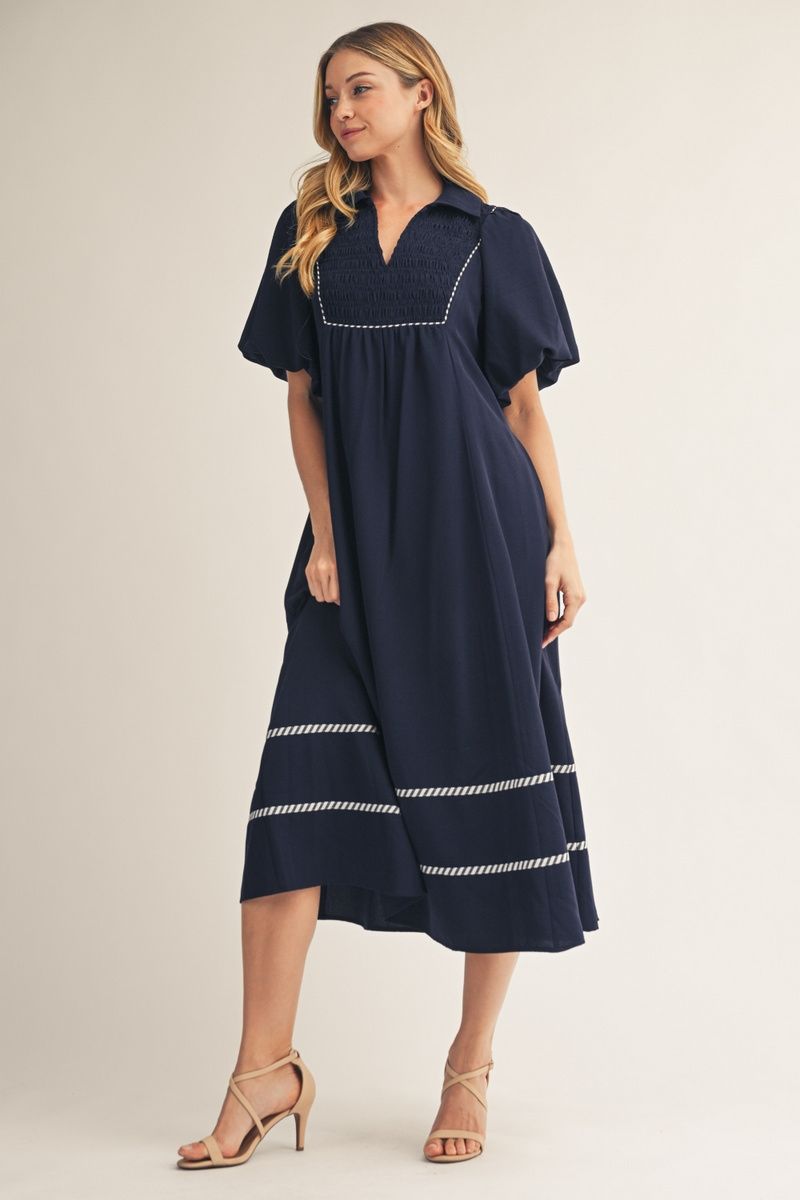 Jodifl Puff Sleeve Solid Midi Dress with Smock