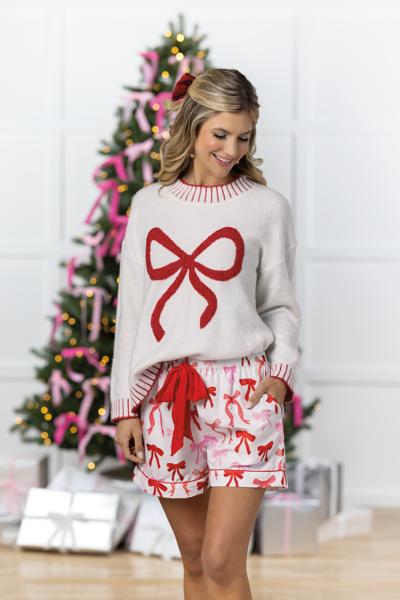 Mudpie Holiday Bow Pajama Shorts