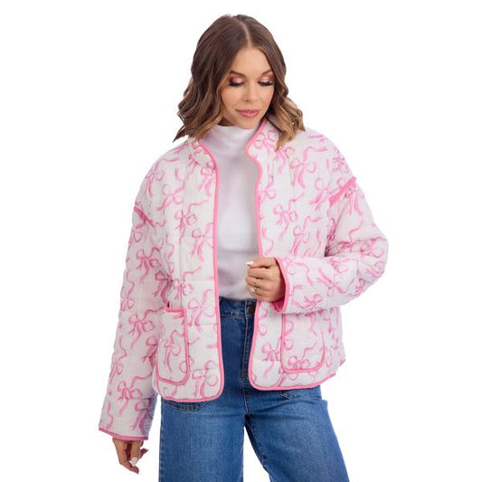 Mudpie Cher Quilted White/Pink Bow Jacket