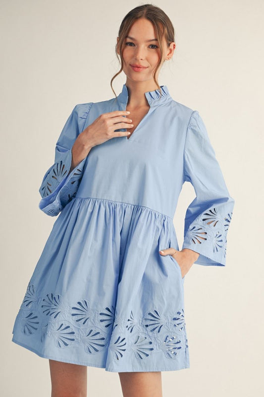 Jodifl 3/4 Bell Sleeve Dress with Eyelet Cutouts