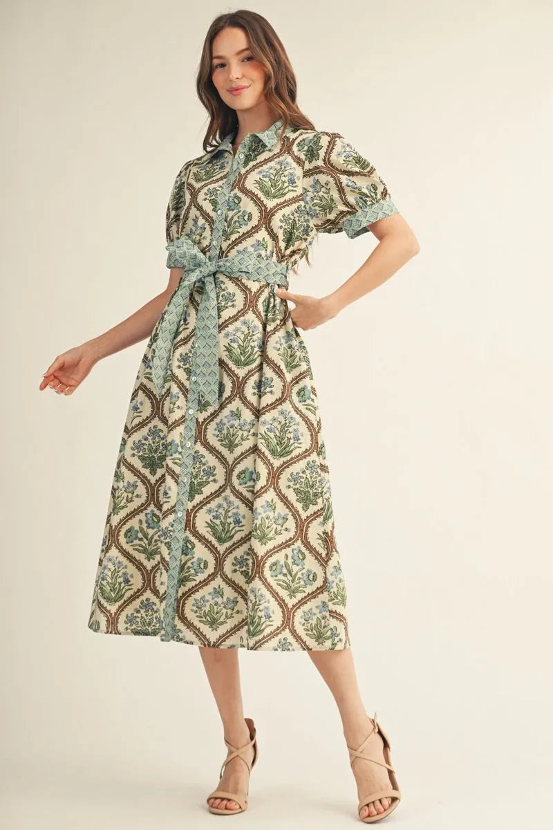 Jodifl Short Sleeve Floral Midi with Tie Waist