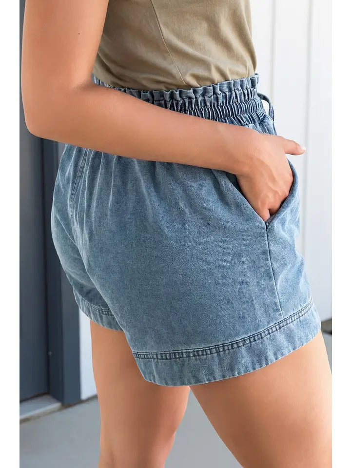 LAS Smocked Elastic Waist Drawstring Denim Shorts