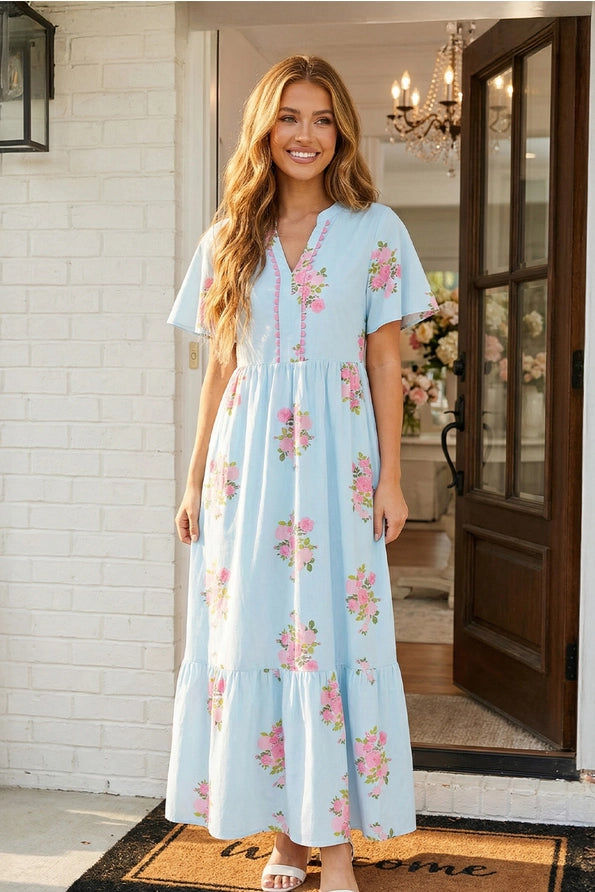 LAS Ric Rac Neck Flutter Floral Print Midi