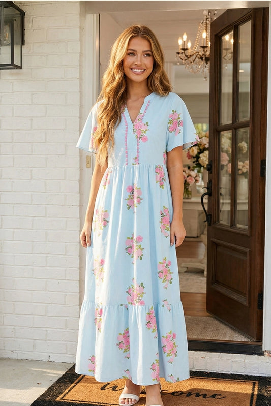 LAS Ric Rac Neck Flutter Floral Print Midi