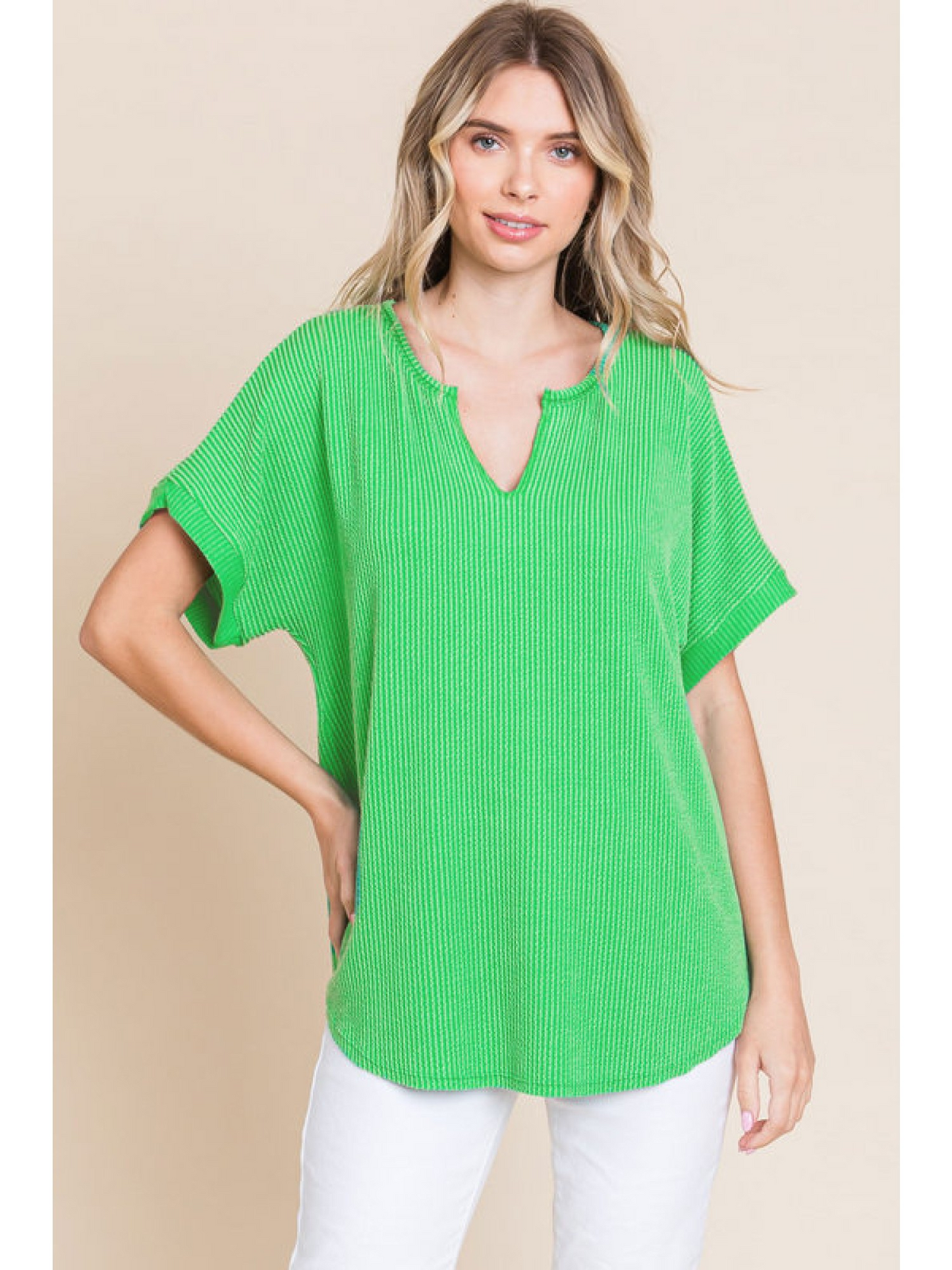 Jodifl Ribbed Vneck Top - Green