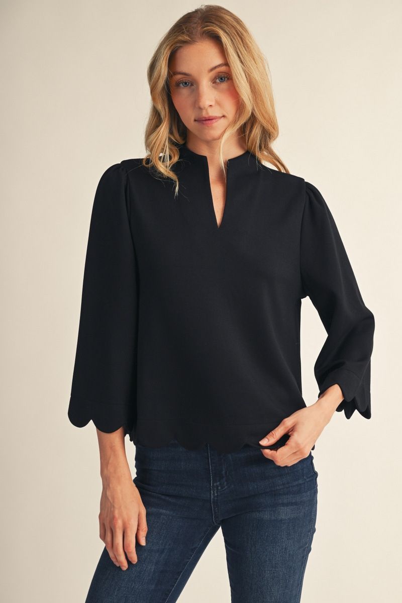 Jodifl 3/4 Scallop Sleeve Solid Top