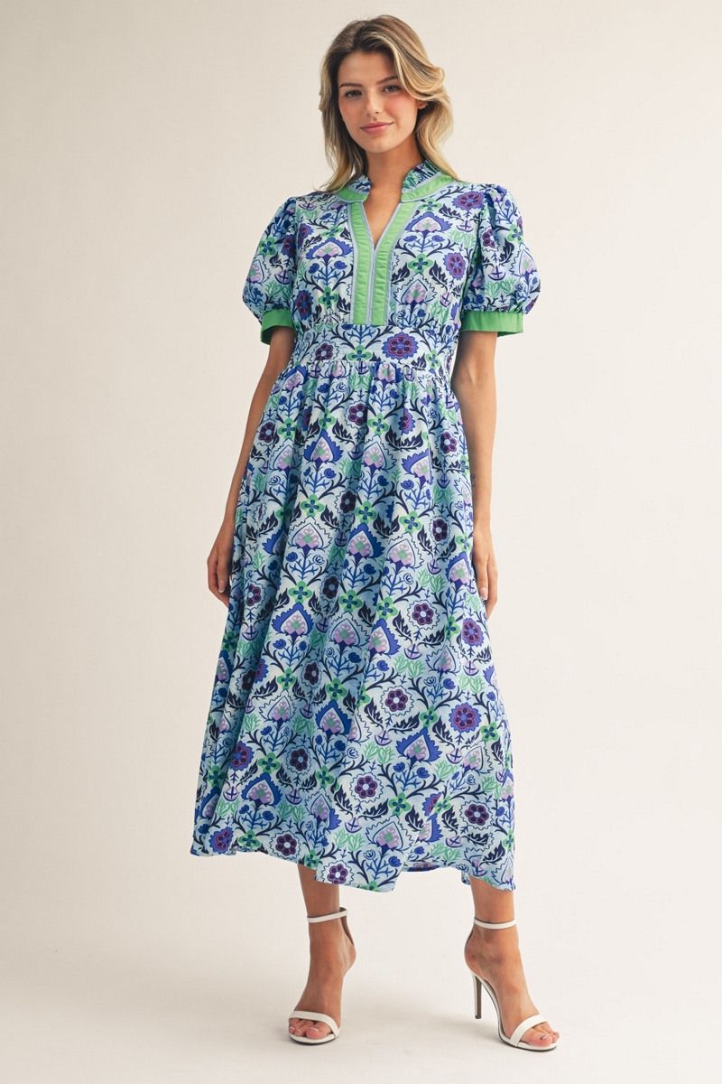 Jodifl Puff Sleeve Floral Midi with Green Trim