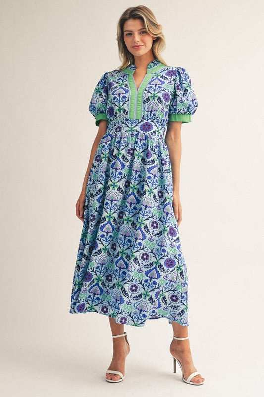 Jodifl Puff Sleeve Floral Midi with Green Trim