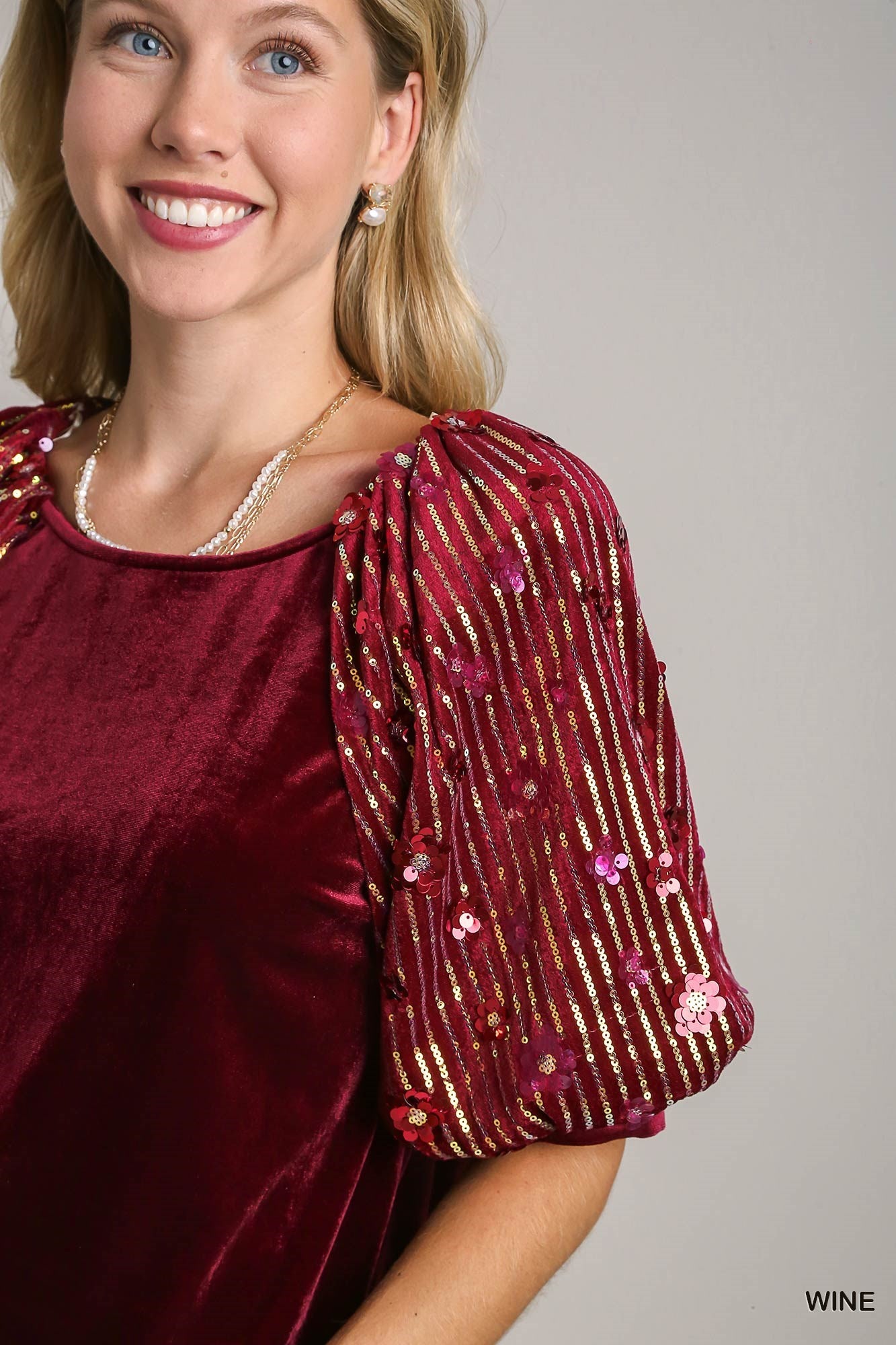 Umgee Velvet Puff Sleeve Top with Sequins