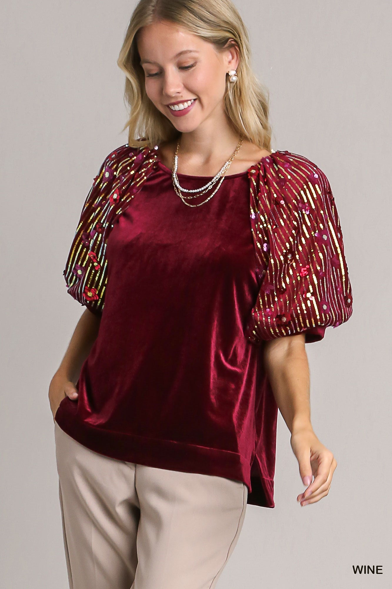 Umgee Velvet Puff Sleeve Top with Sequins