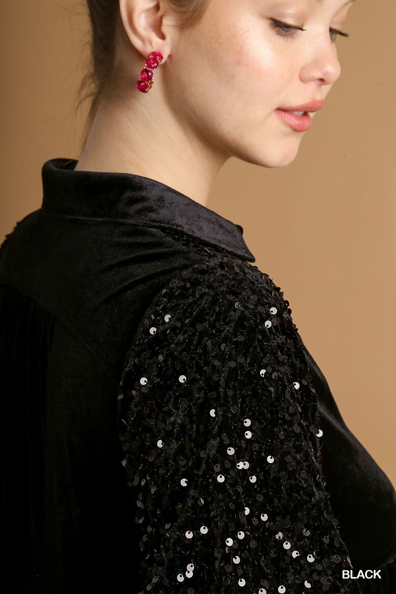 Umgee Velvet Dress w/Sequin Sleeves - Black