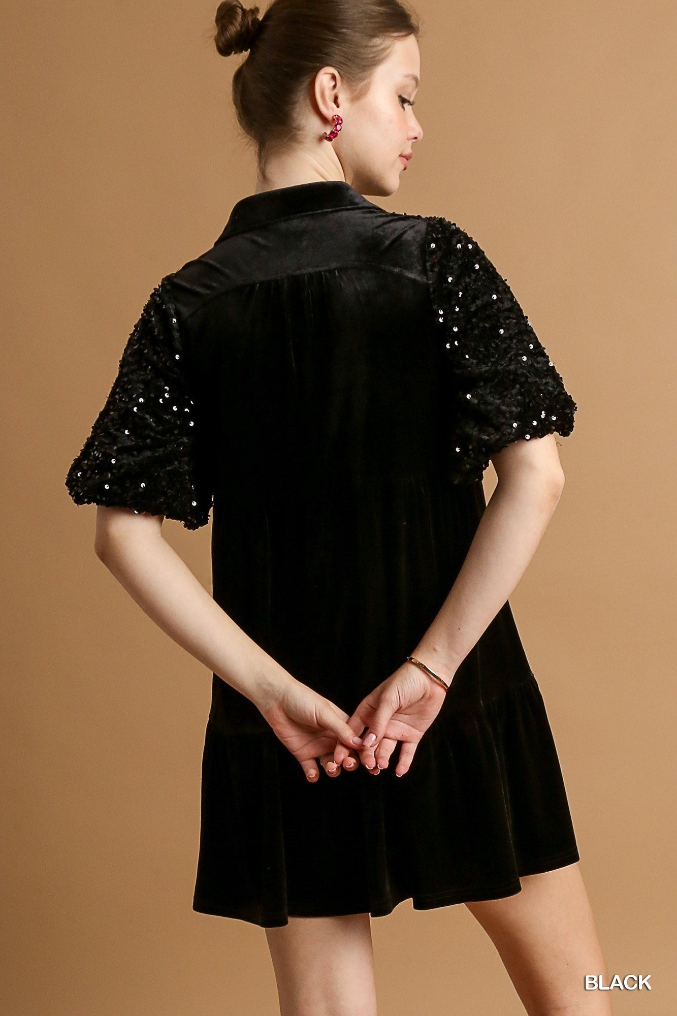 Umgee Velvet Dress w/Sequin Sleeves - Black