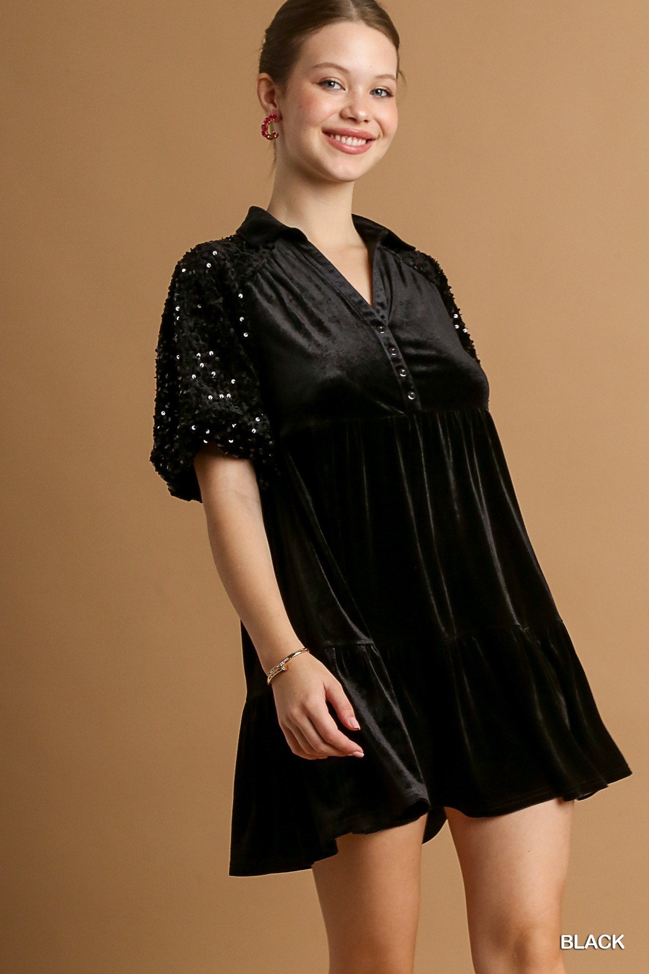 Umgee Velvet Dress w/Sequin Sleeves - Black