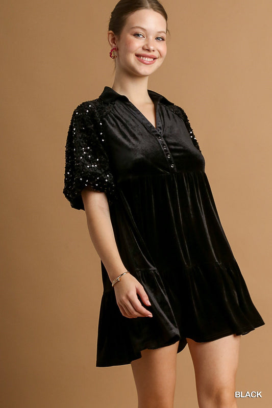 Umgee Velvet Dress w/Sequin Sleeves - Black