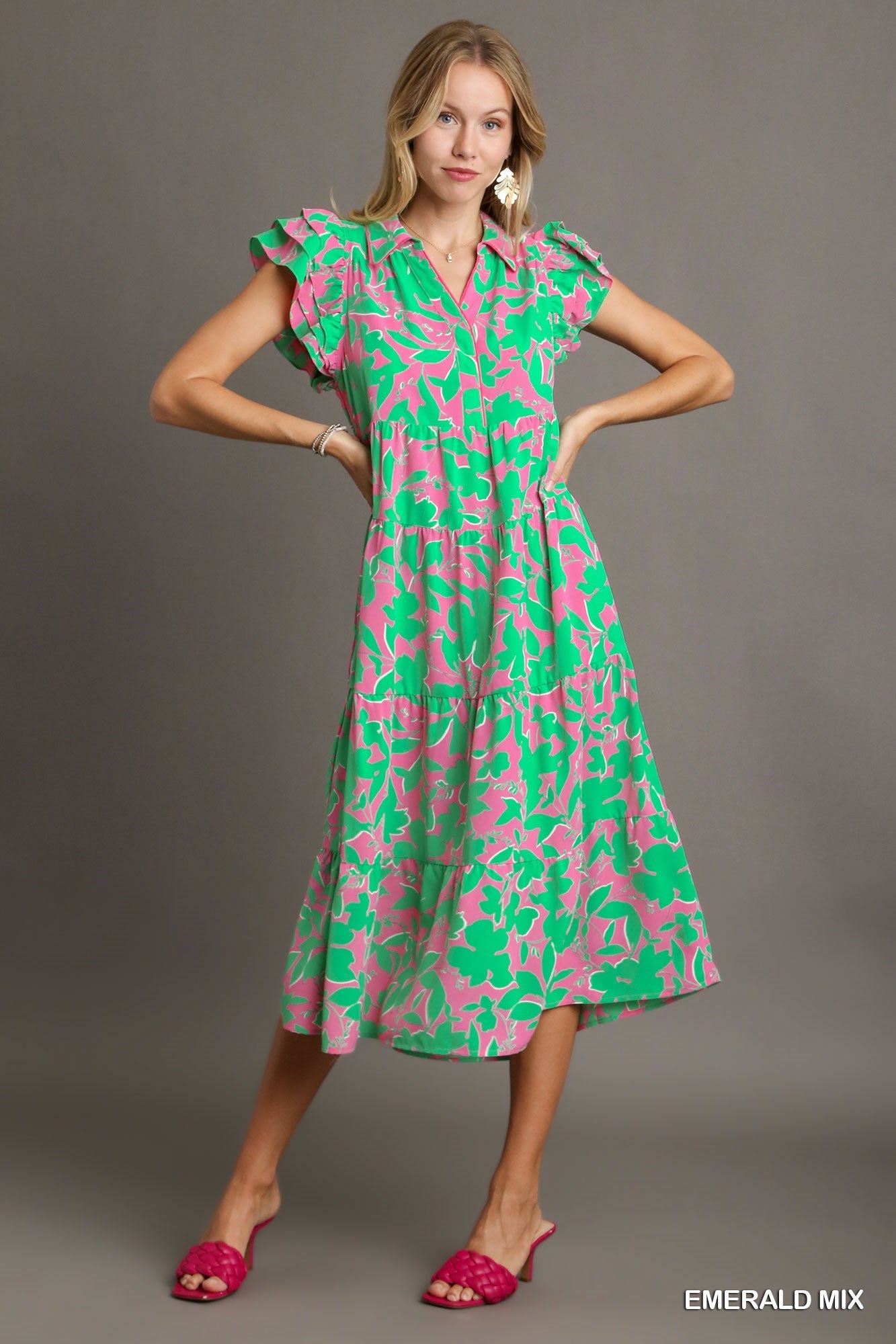 Umgee Floral Tiered Midi w/Flutter Sleeves