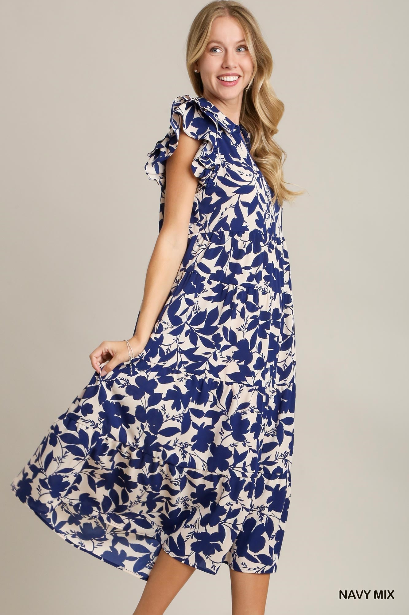 Umgee Floral Tiered Midi w/Flutter Sleeves