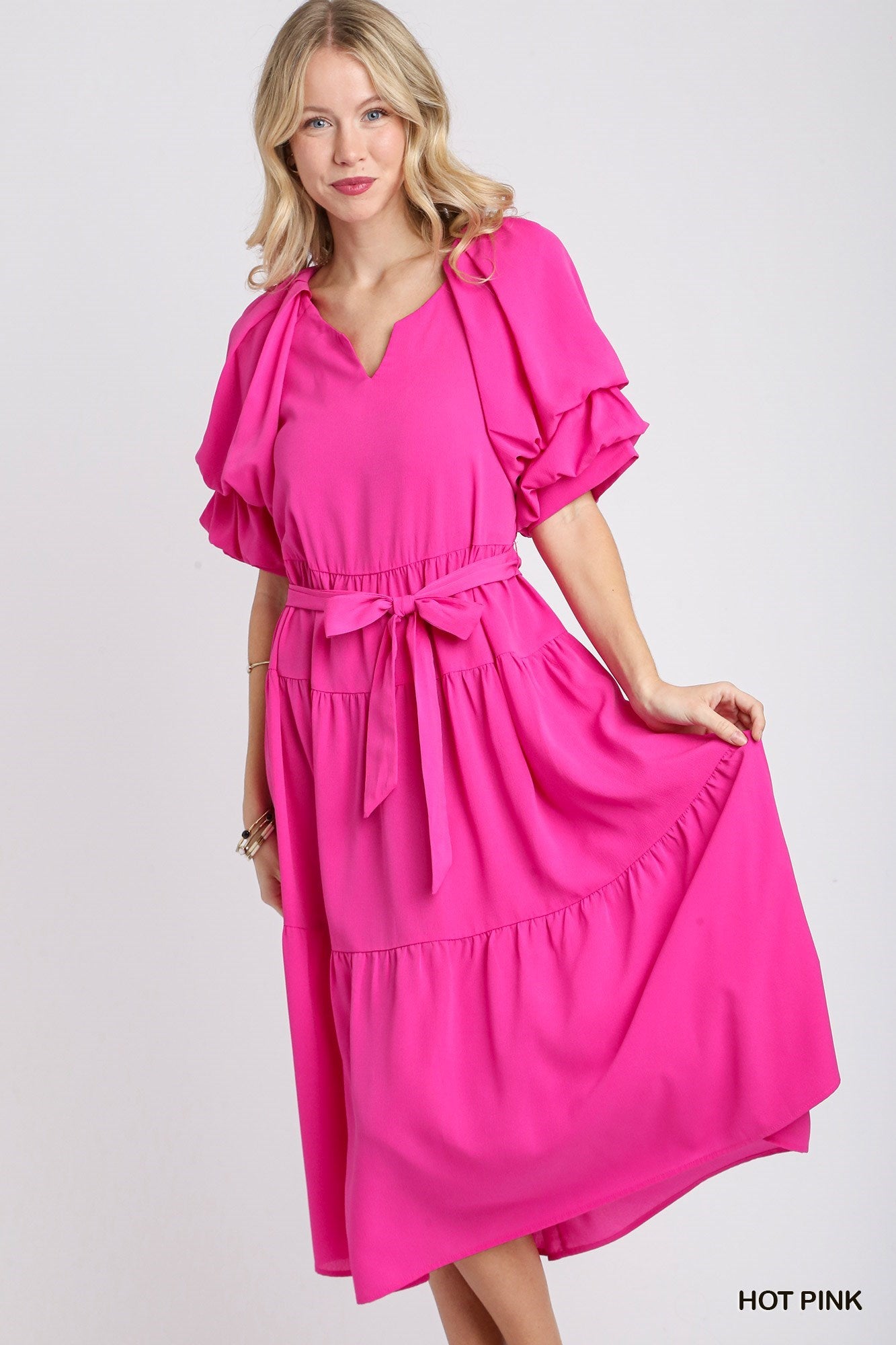 Umgee Puff Sleeve Midi Dress with Tie - Pink