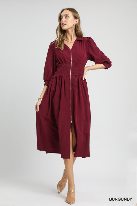 Umgee Smocked Waist Midi Dress with Front Zip