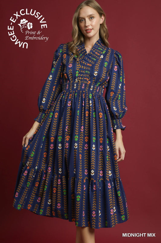 Umgee Striped Floral Ruffle Midi