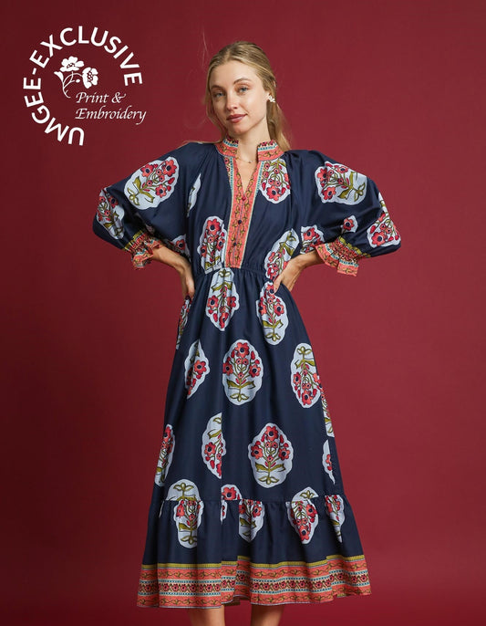Umgee Flower Patch V-Neck Midi Dress