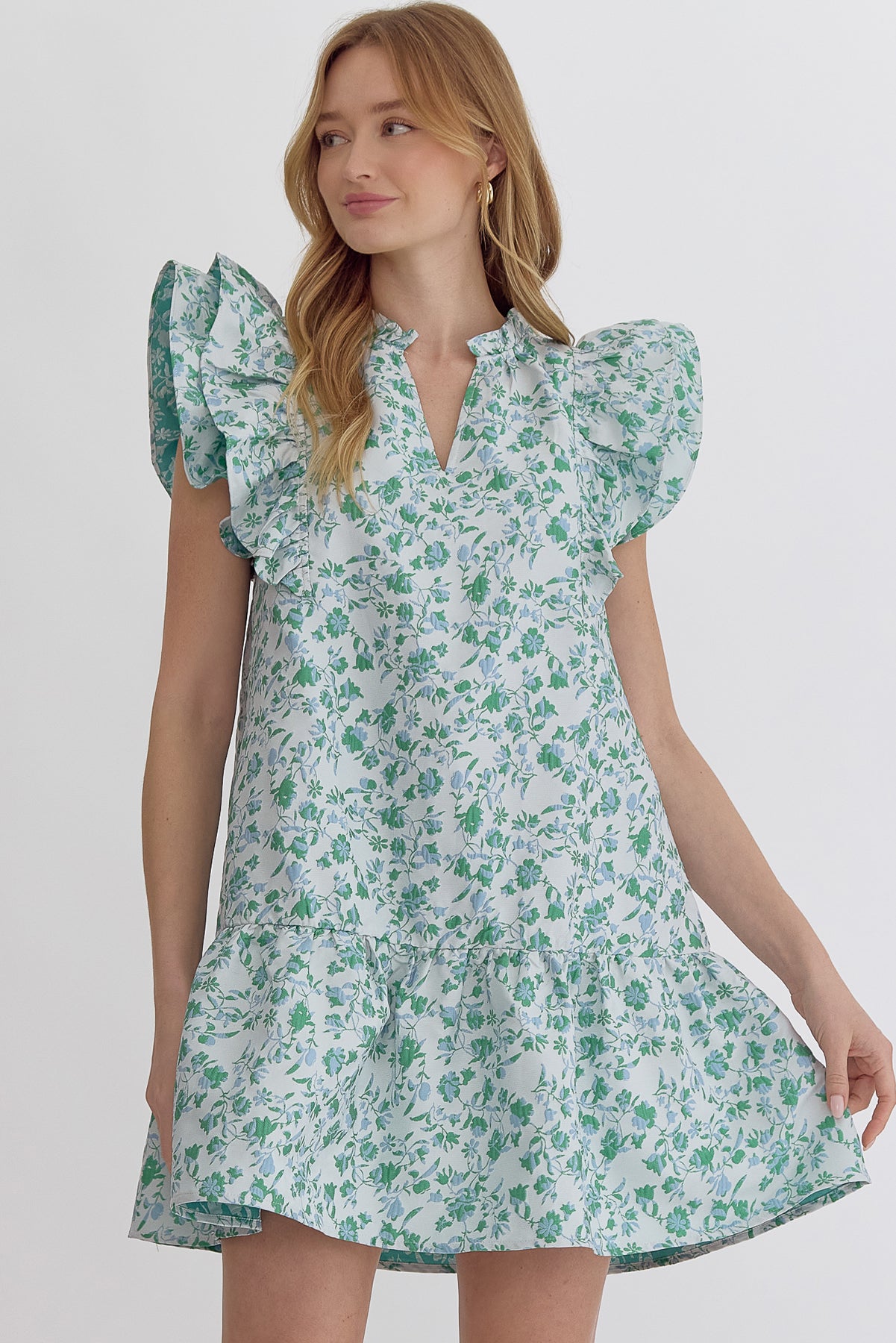 Entro Floral Ruffle Shift Dress - Blue/Green