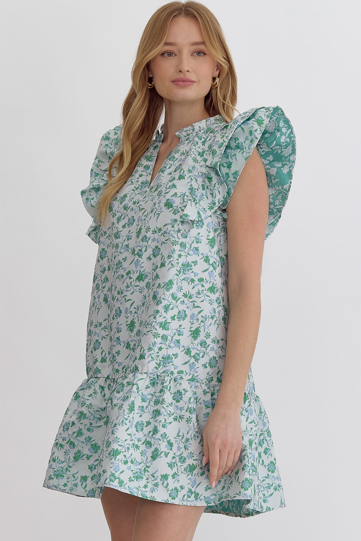 Entro Floral Ruffle Shift Dress - Blue/Green