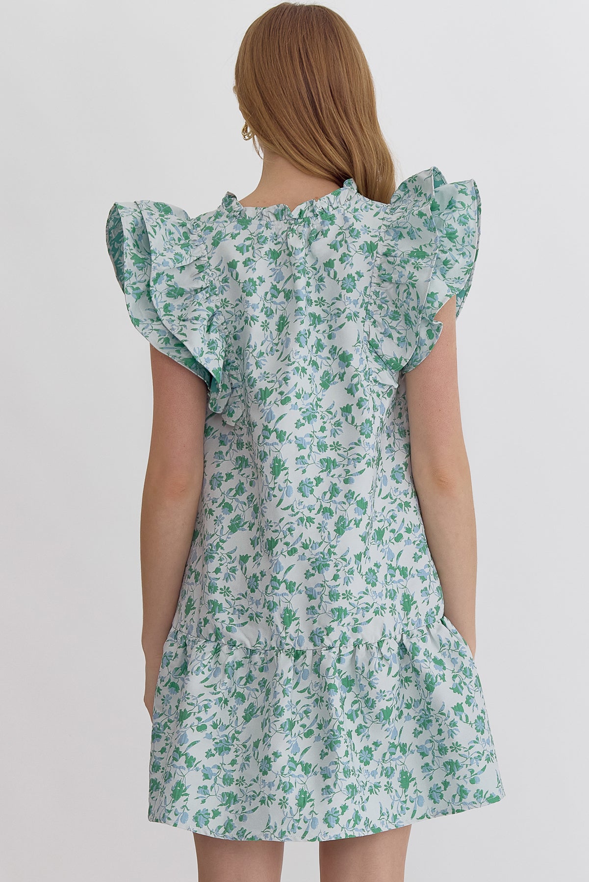 Entro Floral Ruffle Shift Dress - Blue/Green