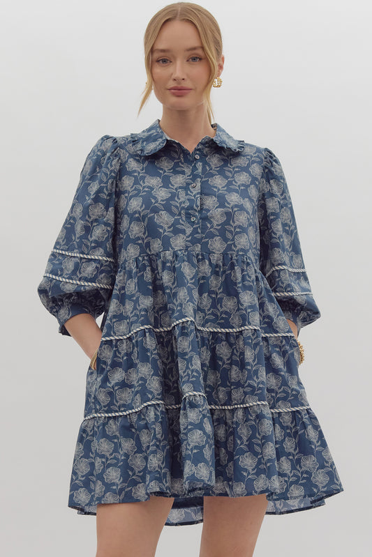 Entro Collar Floral Dress with Striped Stitching