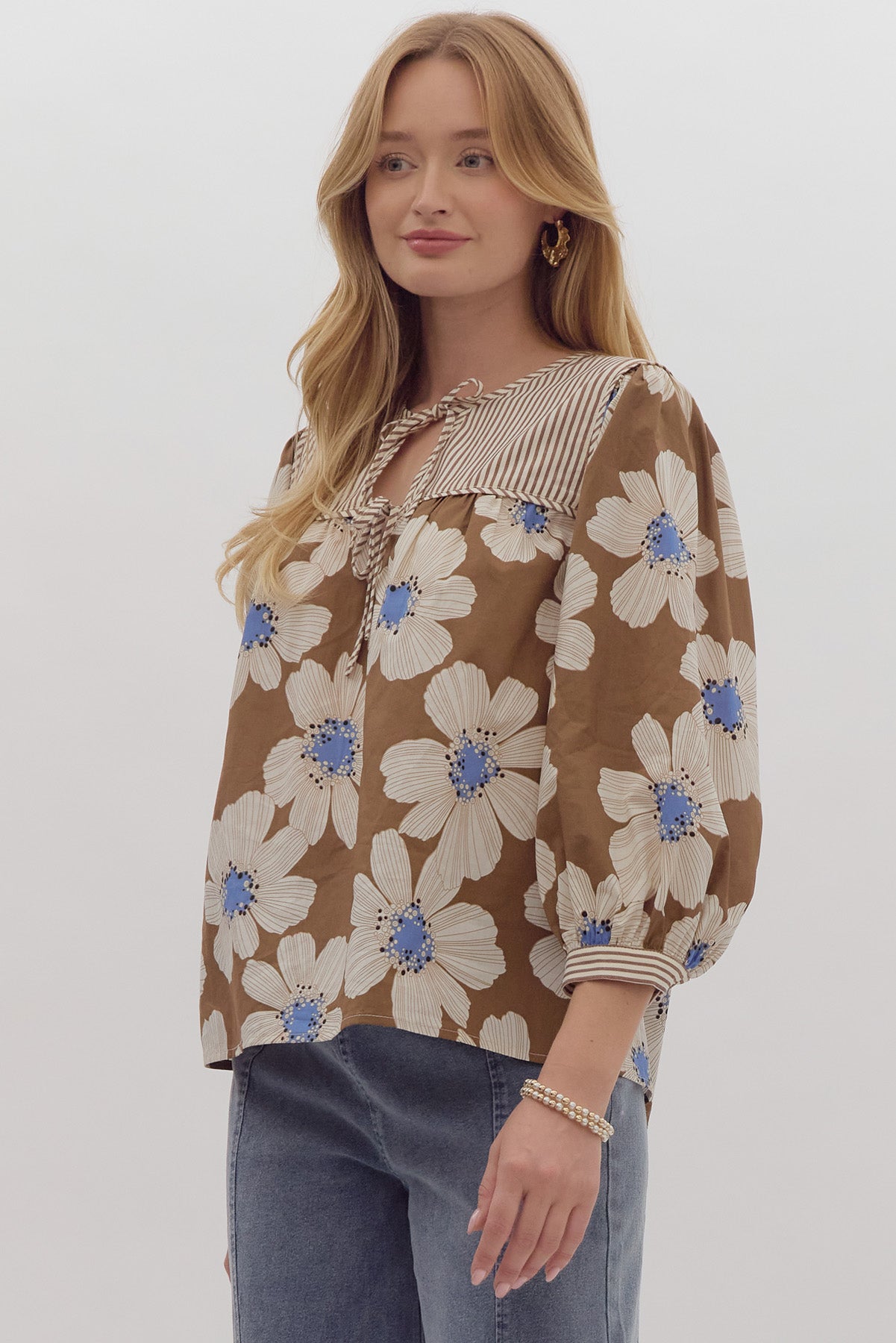 Entro Floral Seersucker Top - Blue/Brown