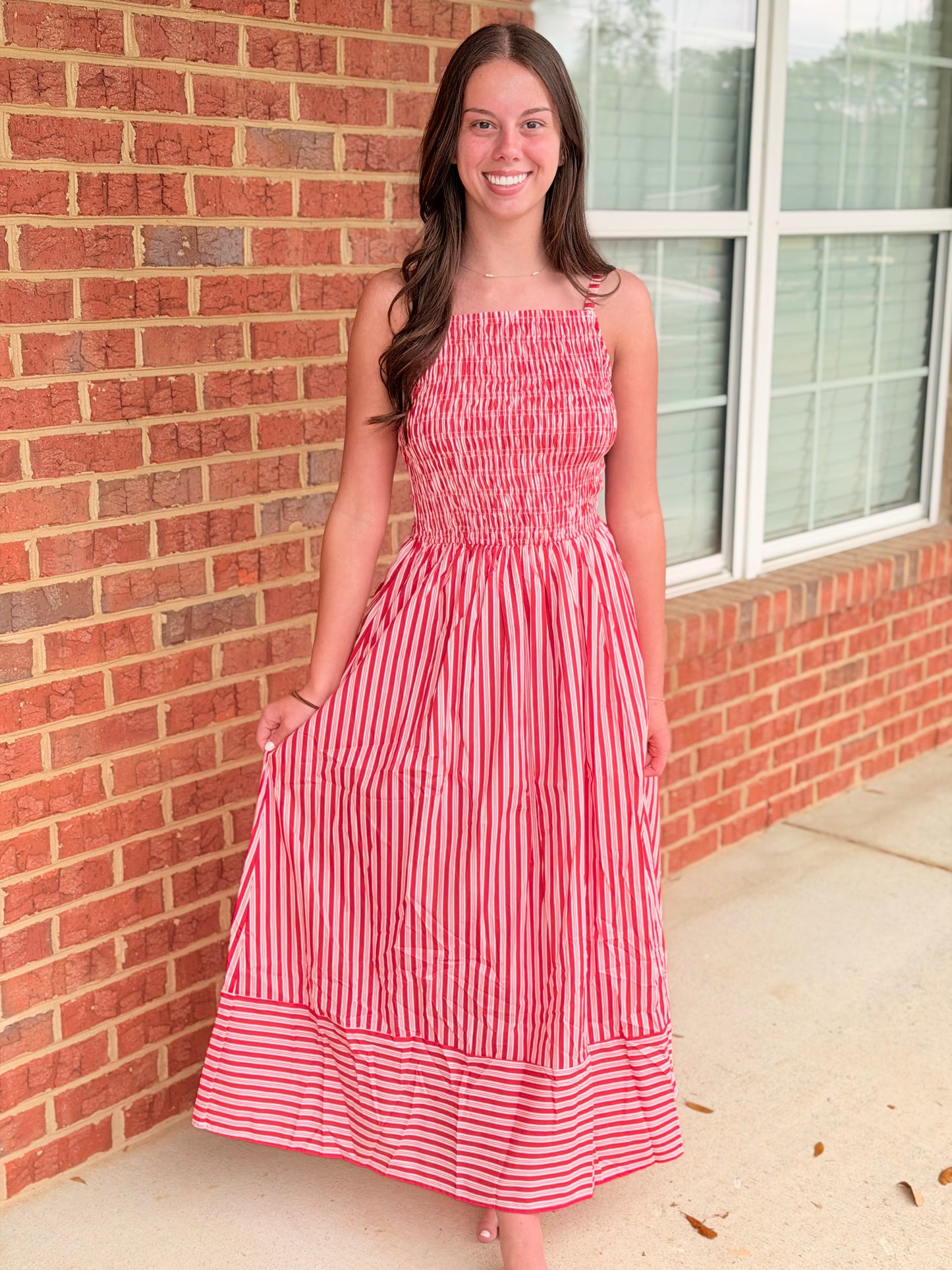 Entro Smocked Bodice Striped Midi Dress