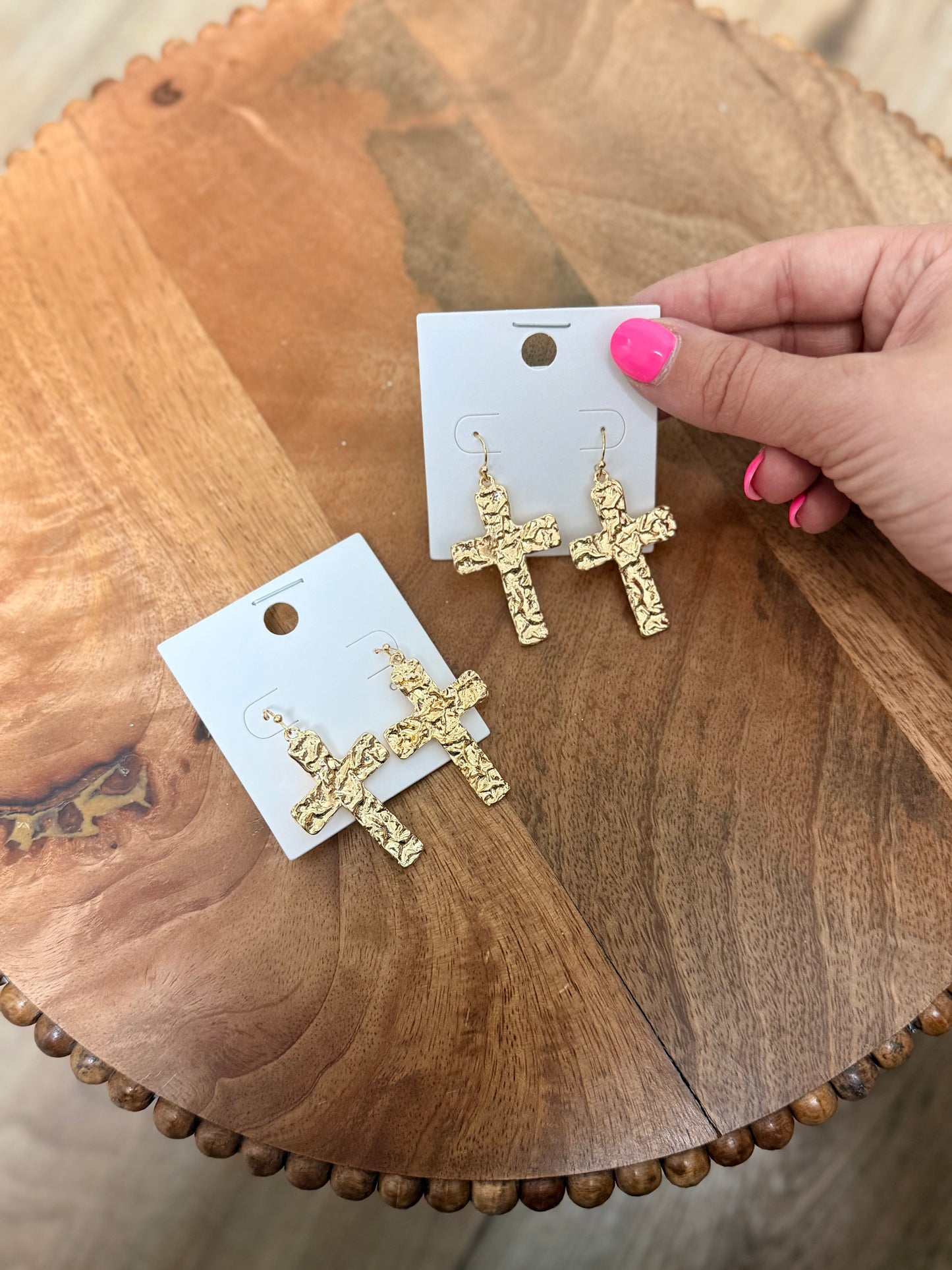 Hammered Cross Fish Hook Earrings