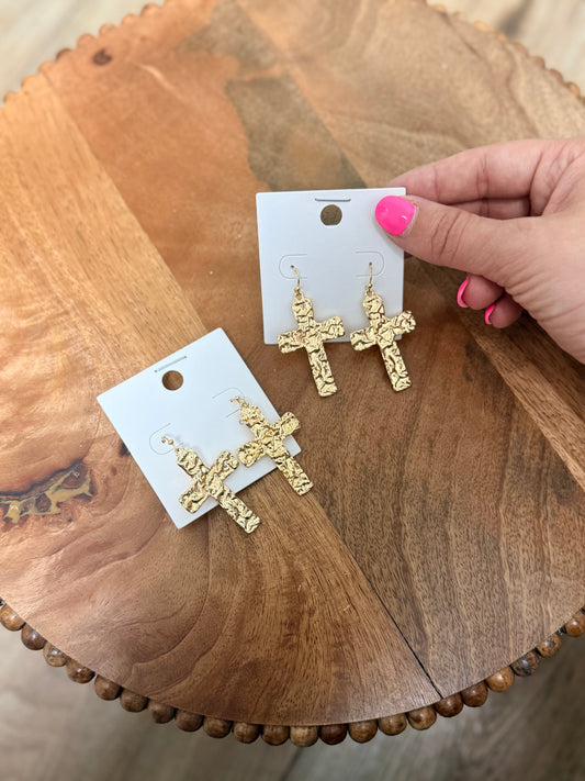 Hammered Cross Fish Hook Earrings