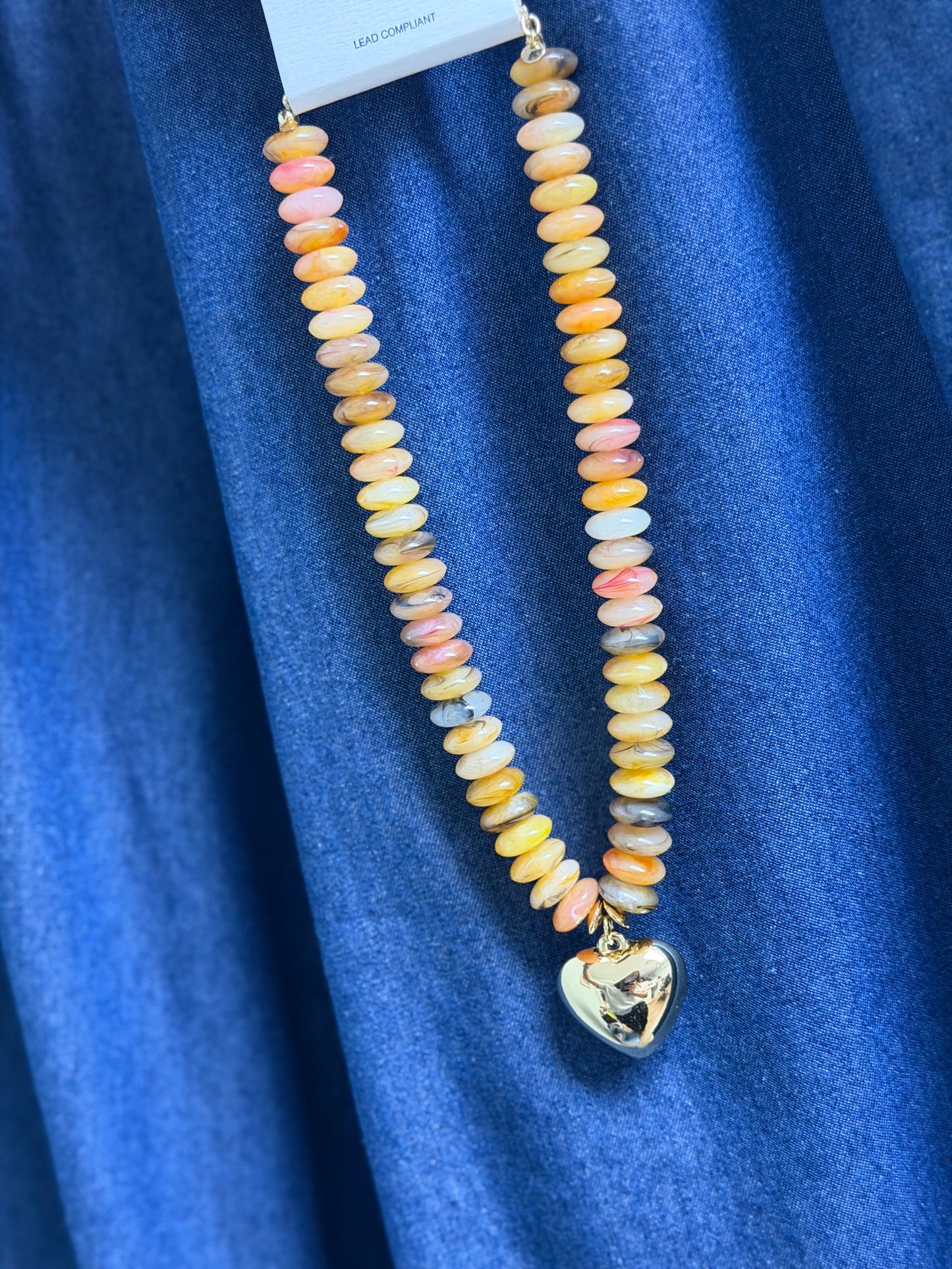 Light Brown Beaded Necklace with Gold Heart