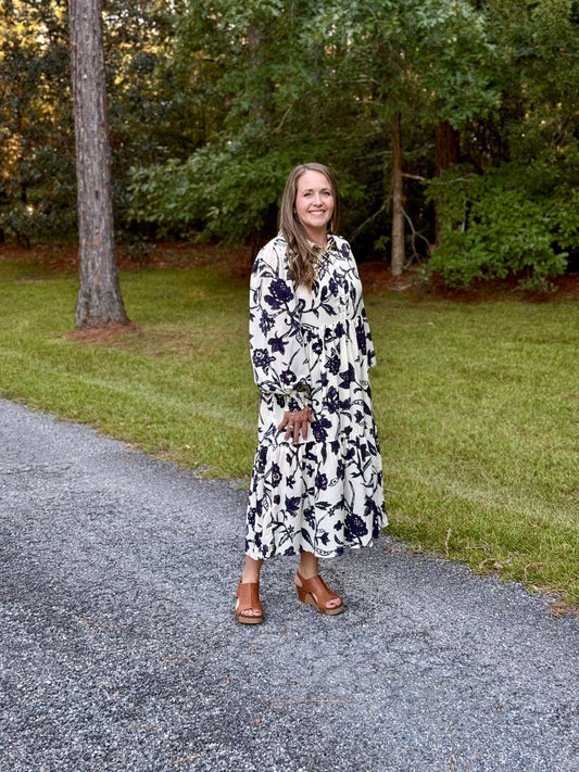 Jodifl Black/Cream Watercolor Floral Midi Dress