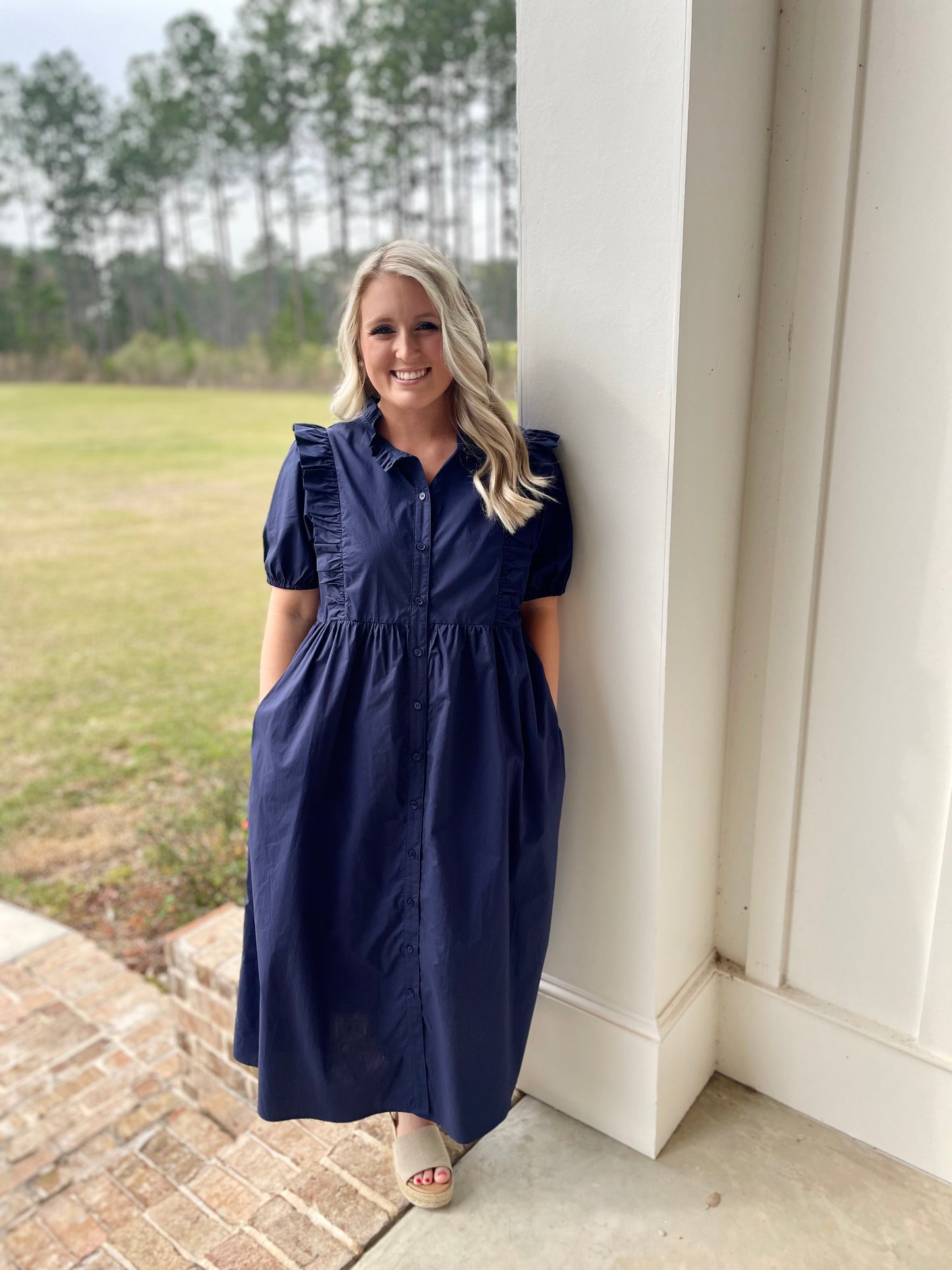 Jodifl Ruffle + Button Down Midi - Navy