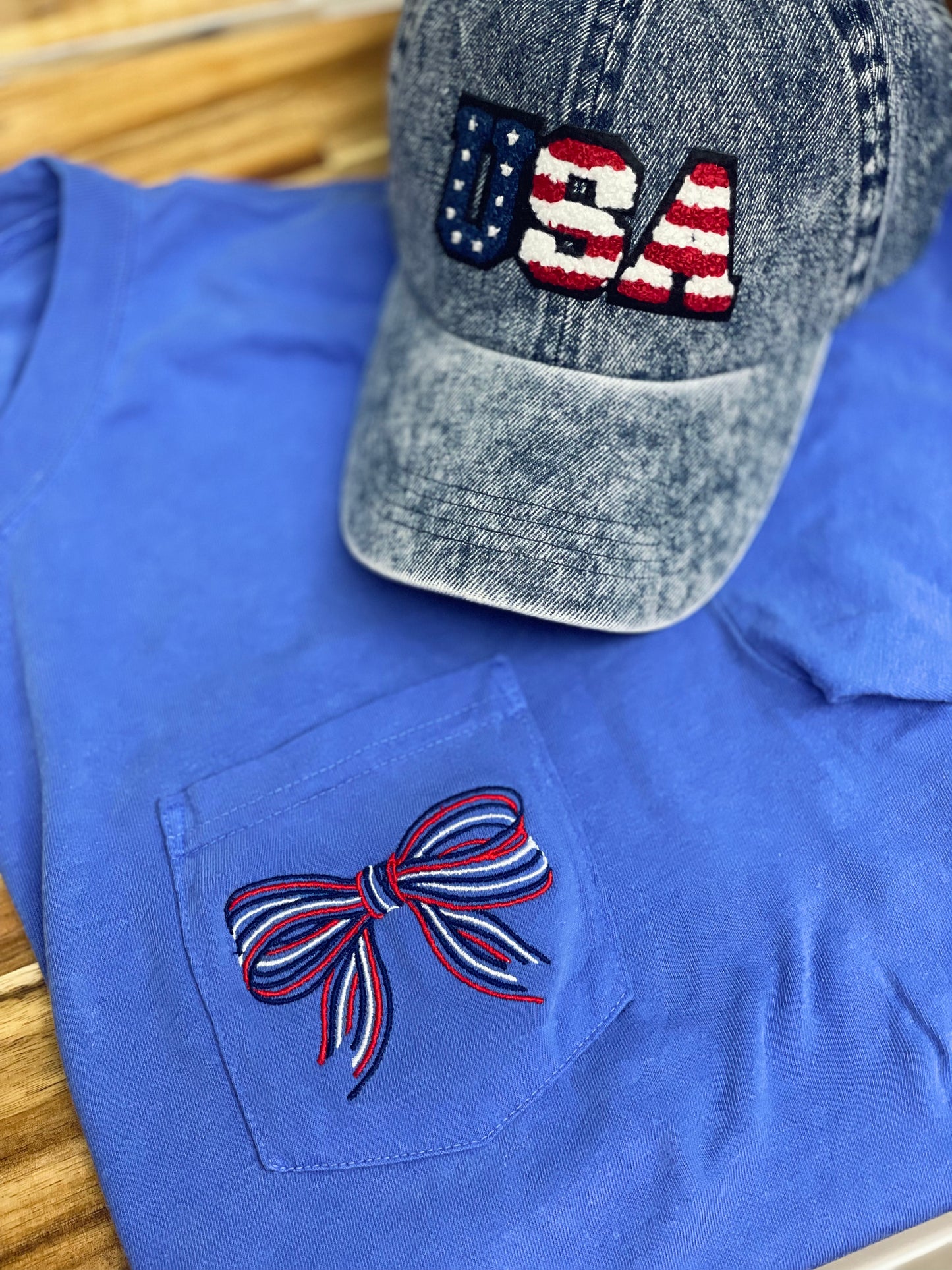 Embroidery Blue Comfort Color - Patriotic Bow