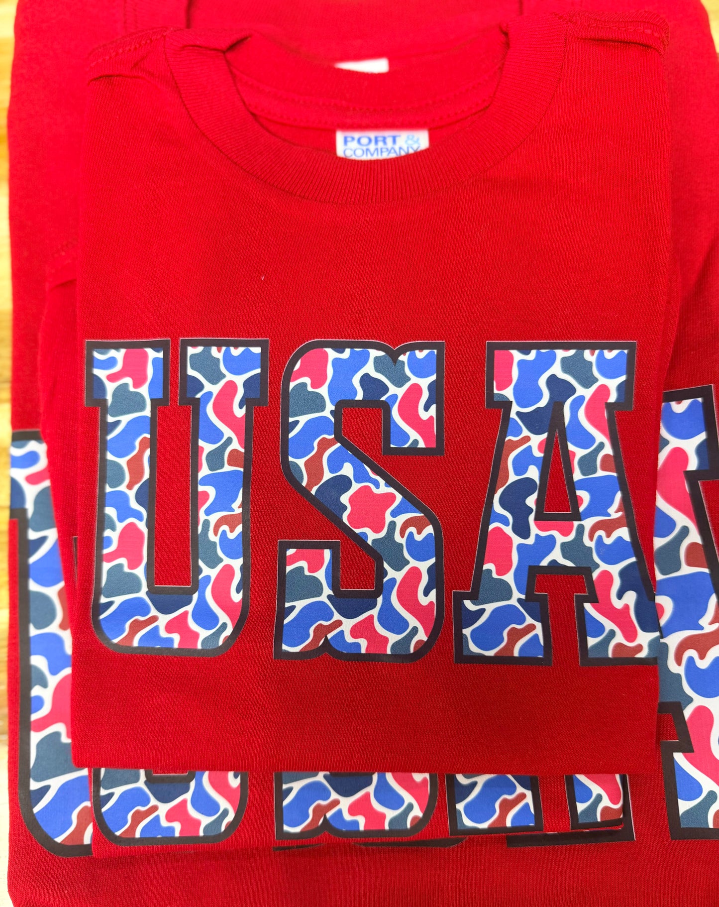 USA Camo Design on Red Shirt