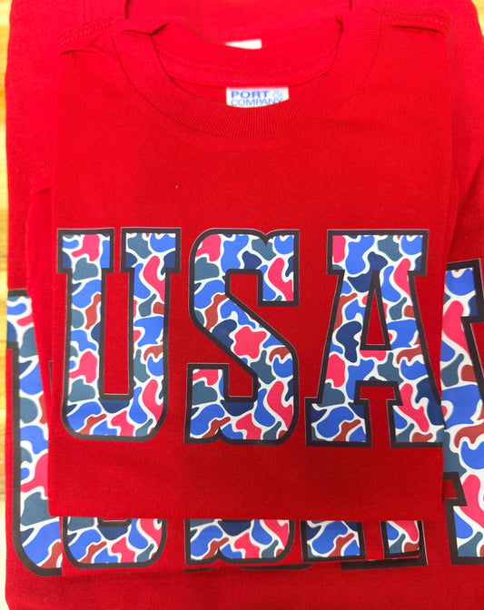 USA Camo Design on Red Shirt
