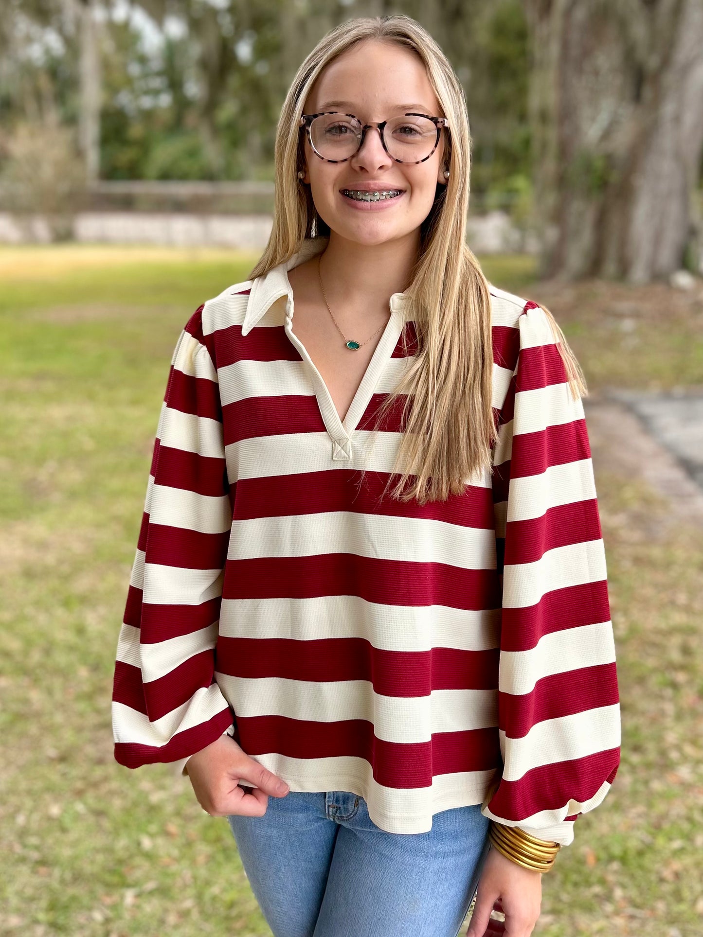 Jodifl Striped Rugby Top - Burgundy/Cream