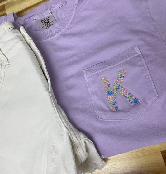 Embroidery Comfort Color Pocket Floral Letter