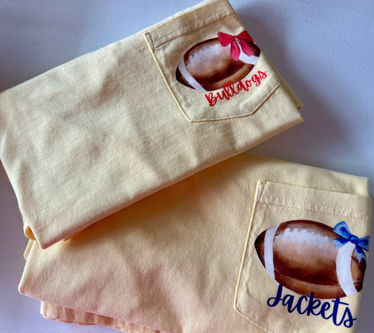 Comfort Color Yellow Pocket Tee with Bow Football