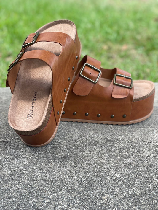 Bamboo Platform Buckle Sandals - Tan