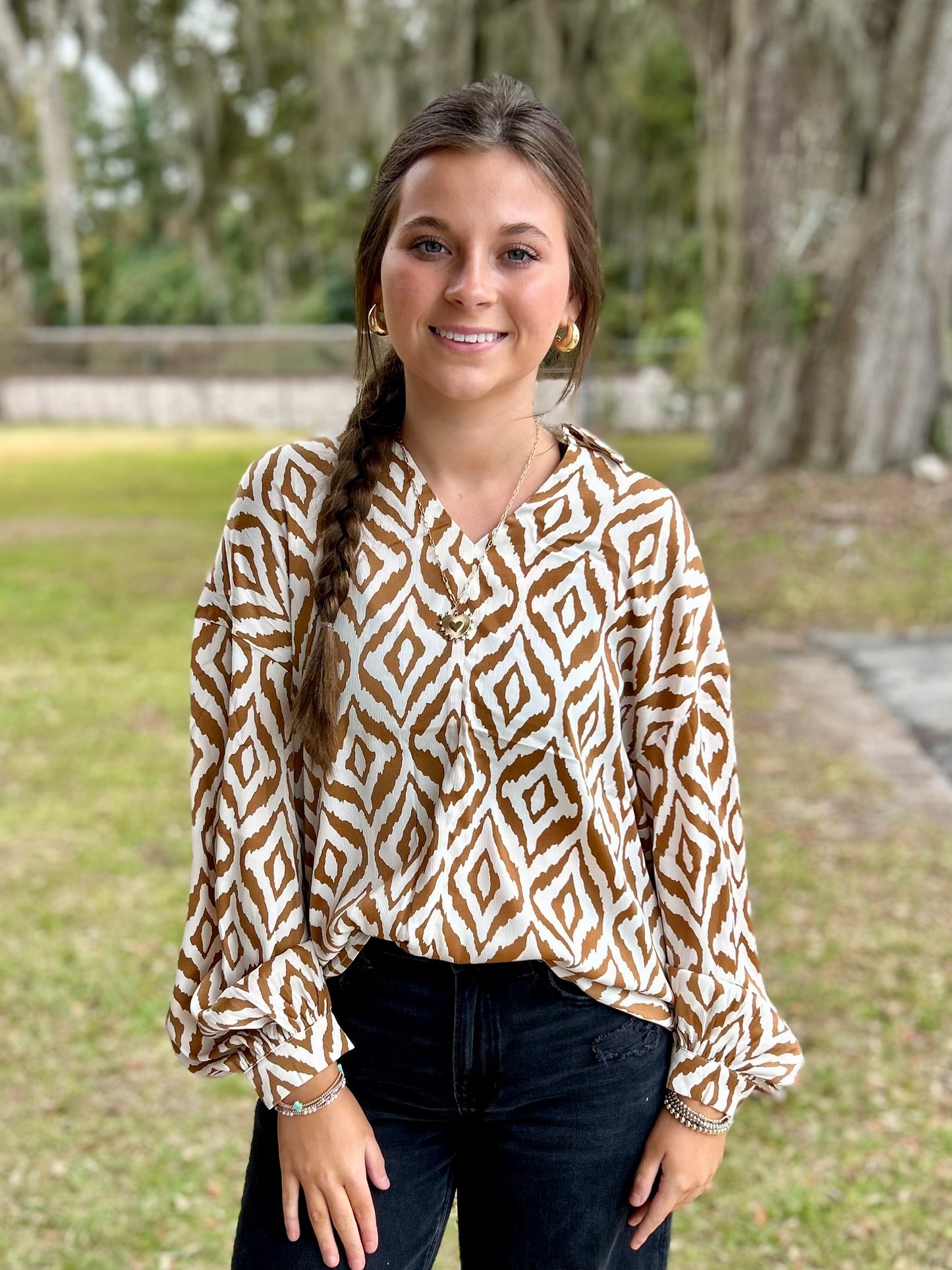 Jodifl Patterned Collar Top - Taupe/Cream