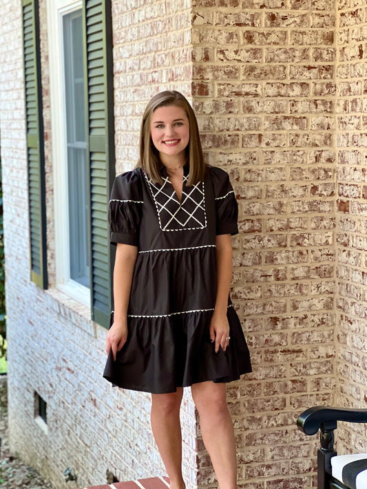 Entro Puff Sleeve Dress with Mini Scallop Trim