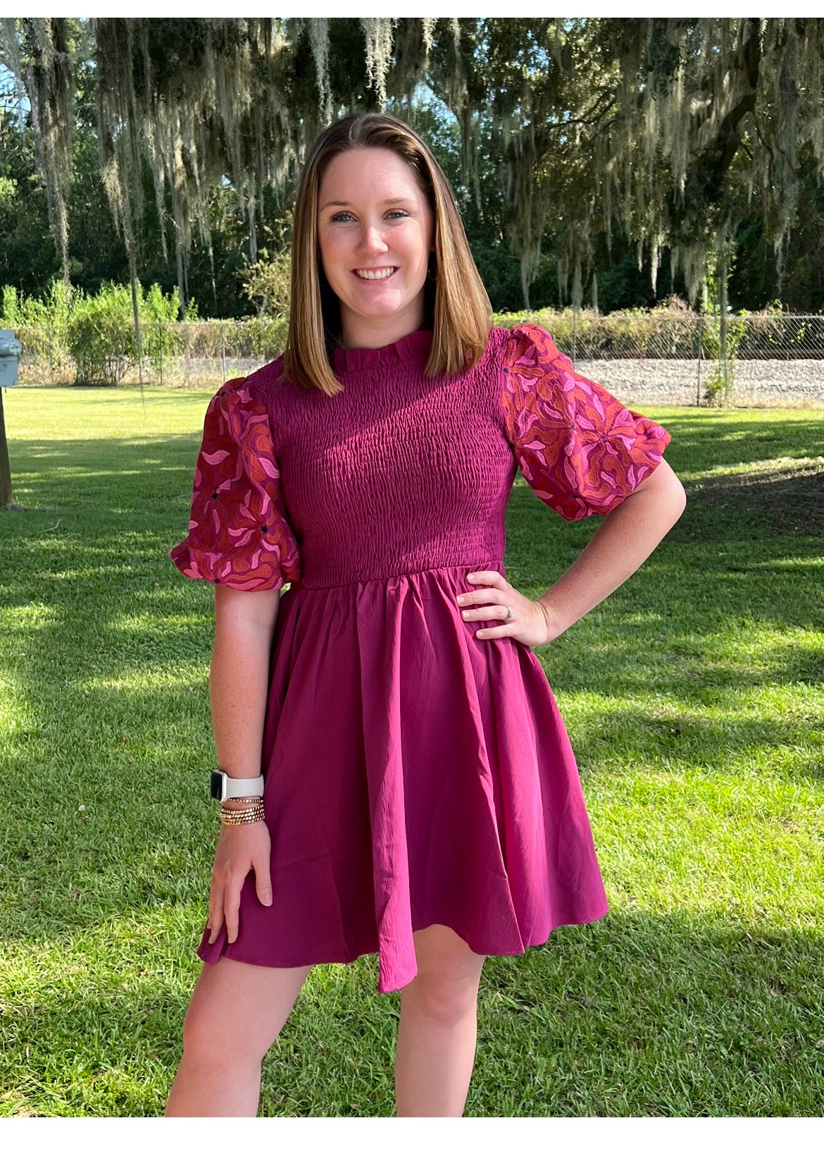 Entro Embroidery Puff Dress - Magenta