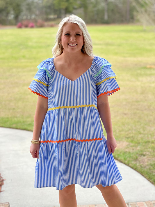 Entro Ruffle Sleeve Dress - Blue Stripes + Ric Rac